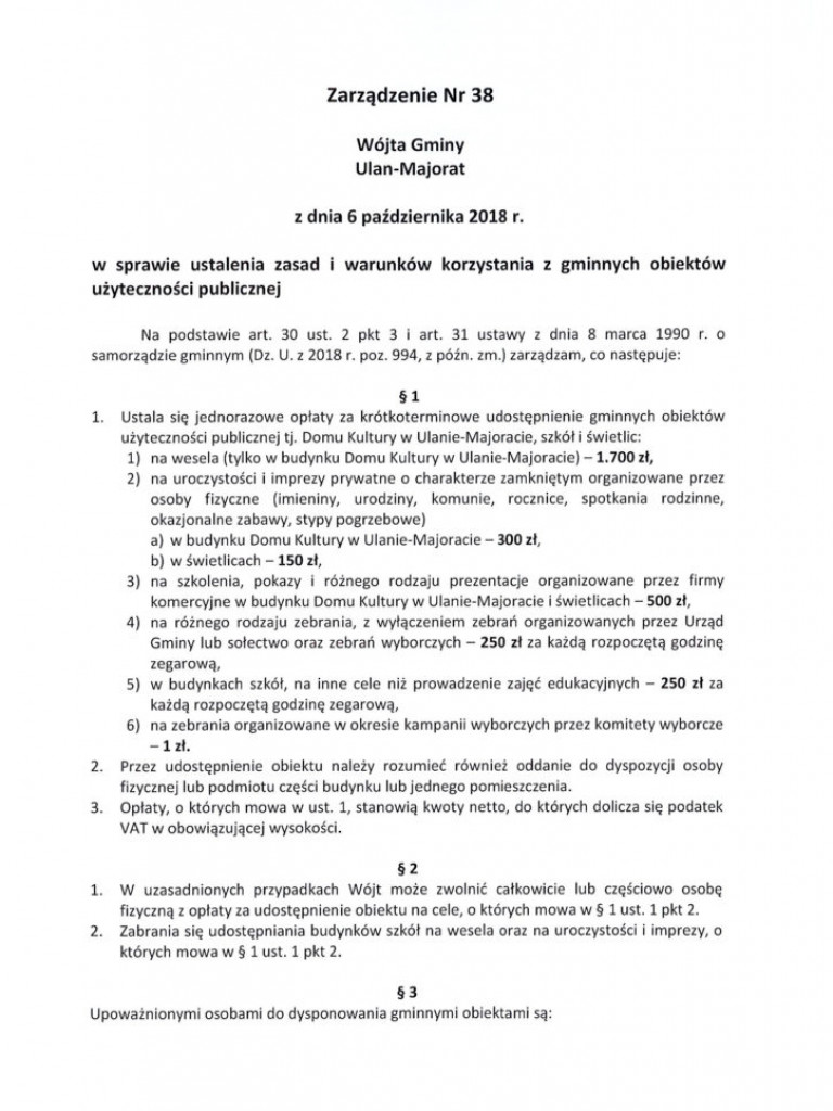 Stawki opłat za korzystanie z obiektów w gminie Ulan-Majorat