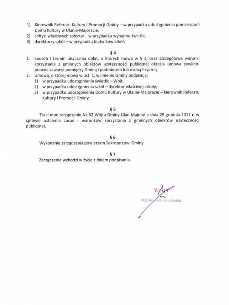 Stawki opłat za korzystanie z obiektów w gminie Ulan-Majorat