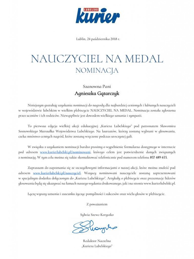 Agnieszka Gątarczyk nagrodzona w plebiscycie 