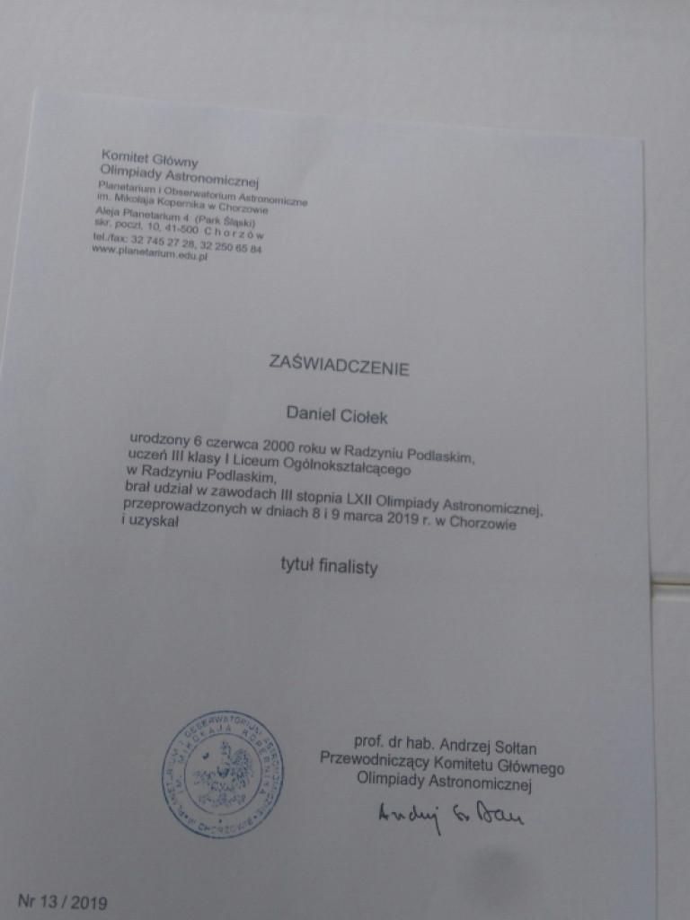 Uczeń I LO w Radzyniu finalistą olimpiady astronomicznej