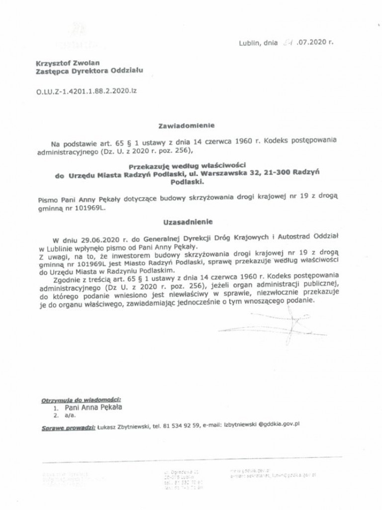 Korespondencja Anny Pękały z GDDKiA i burmistrzem