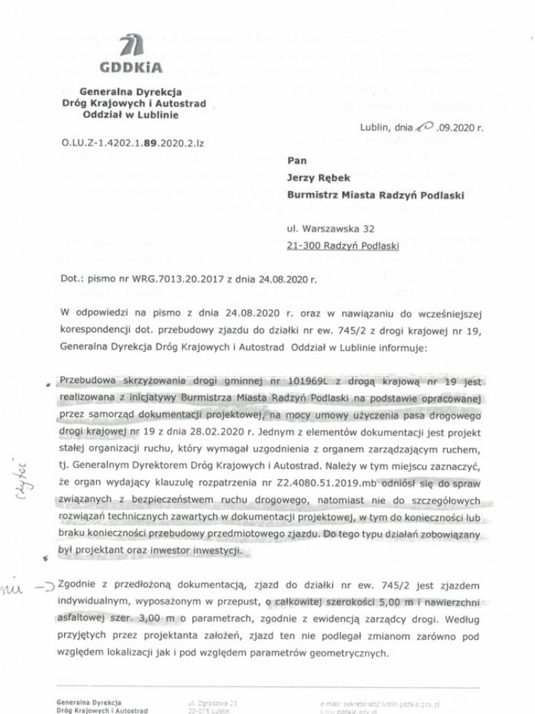 Korespondencja Anny Pękały z GDDKiA i burmistrzem