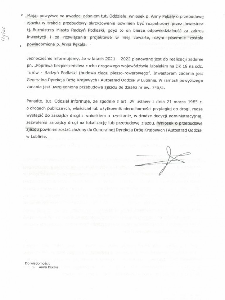 Korespondencja Anny Pękały z GDDKiA i burmistrzem