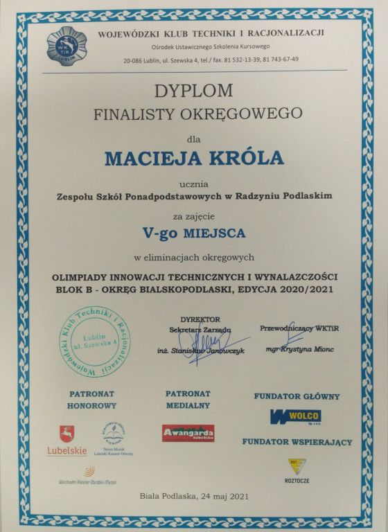 Uczeń ZSP na olimpiadzie wynalazczości
