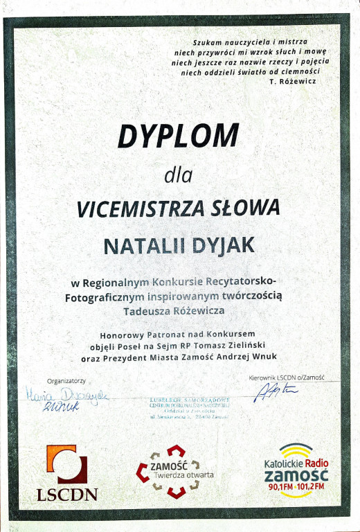 Natalia Dyjak nagrodzona w Zamościu