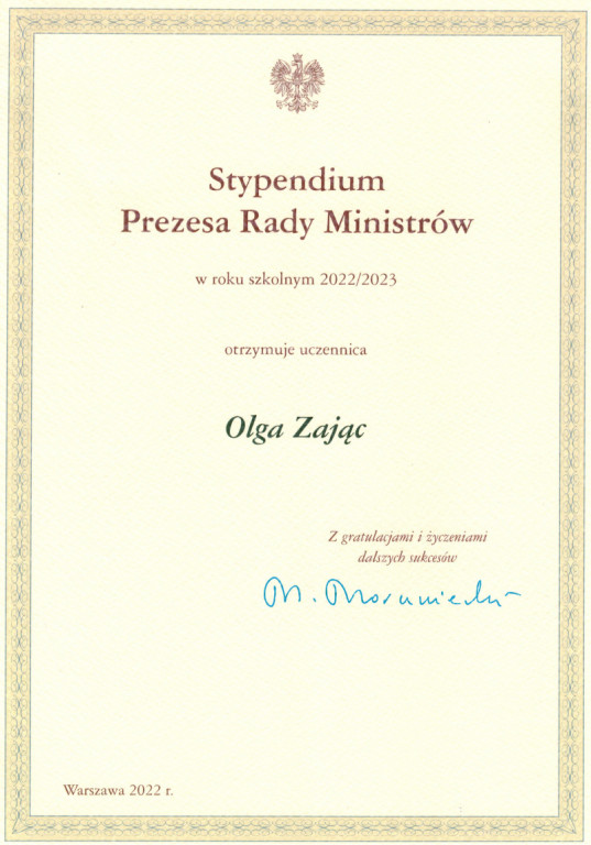 Przyznanie Oldze Zając z LO w Komarówce stypendium