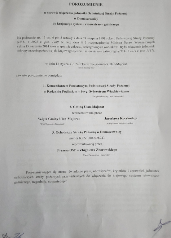 Podpisanie umowy w/s OSP z Domaszewnicy