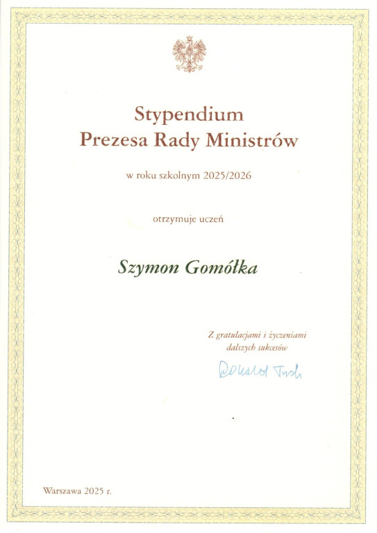 Uczeń I LO stypendystą